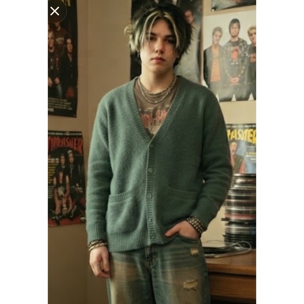 Vans V-Neck Cardigan Sweater Pockets Mens Sz LG Green Grunge Skater Y2K Grandpa